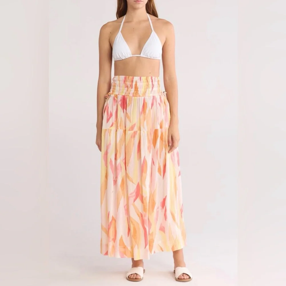 Elan Coral Print Amalfi Crop Halter Top & Smocked Skirt Set S